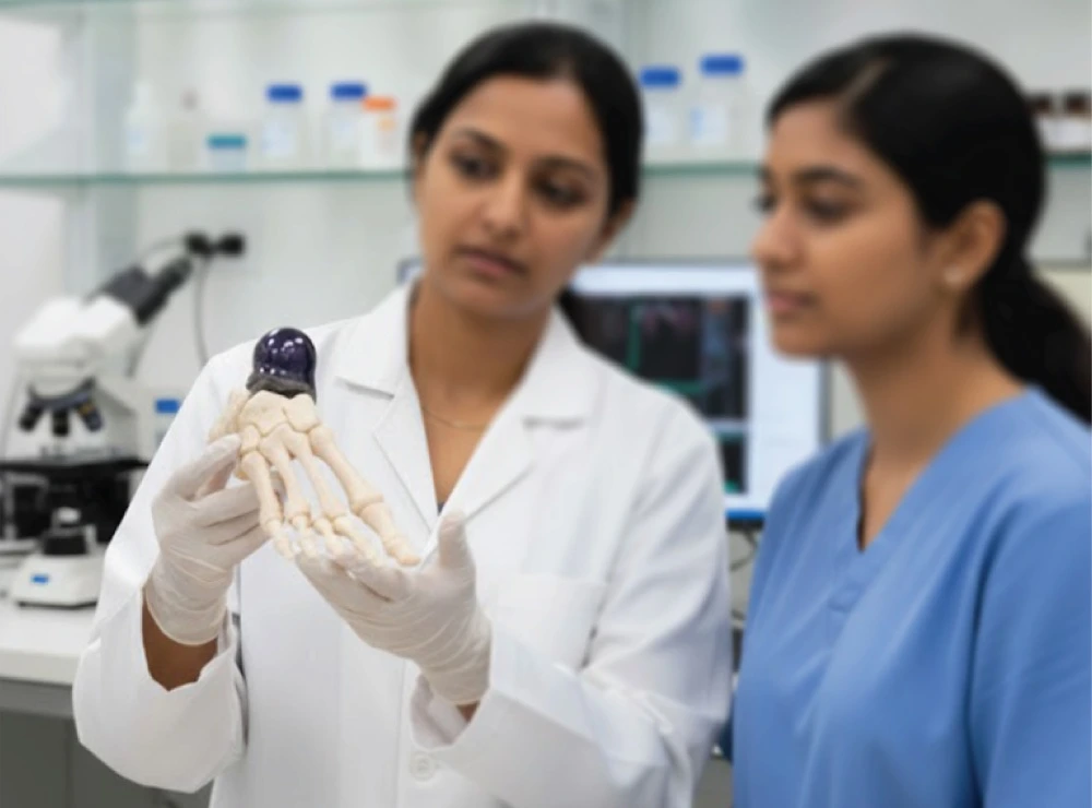 Surgeons examining patient-specific implants developed using advanced medical 3D printing